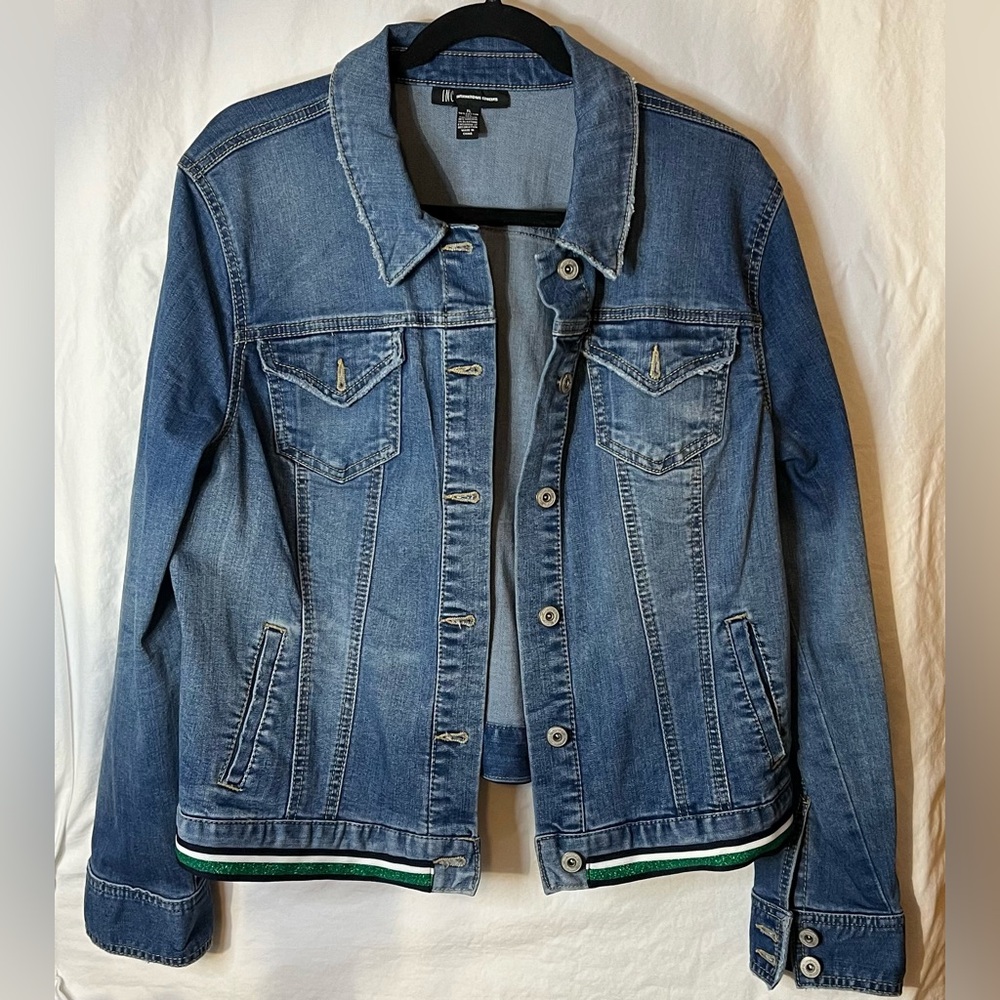 INC International Concepts Blue Denim Jacket with Varsity Striped Hem Accent